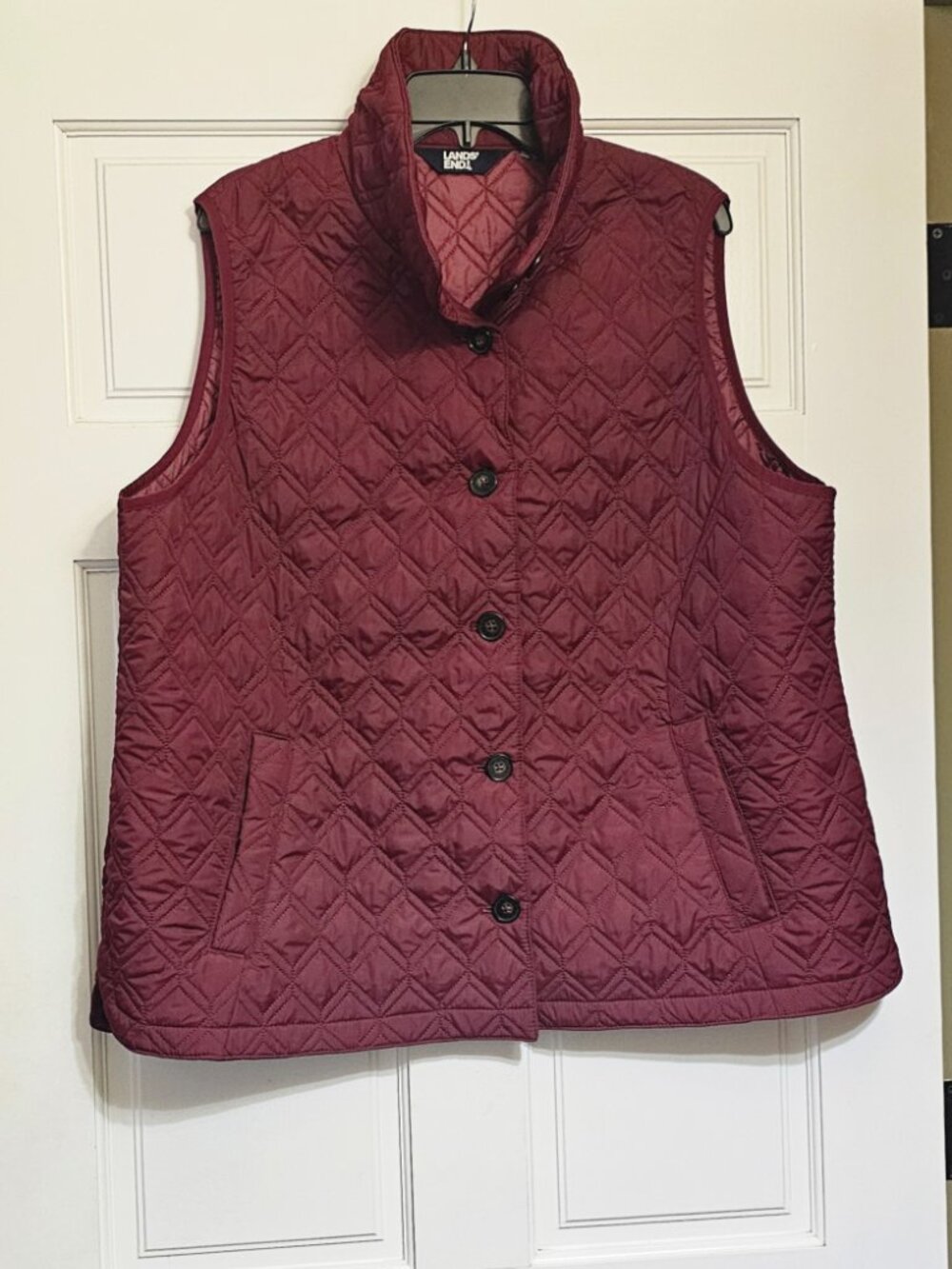 Womens Lands End Burgundy Diamond Quilted Vest Button Pockets Lightweight XL